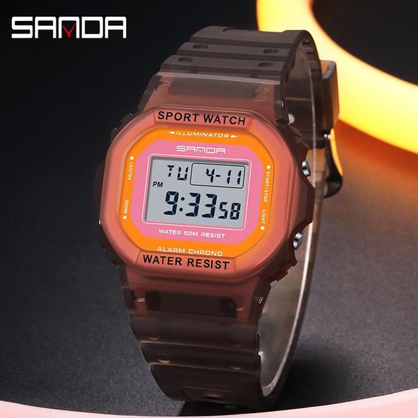 

wristwatches sanda fashion sports brand women's watches multifunction men electronic wristwatch luminous led digital clock reloj de hom, Slivery;brown