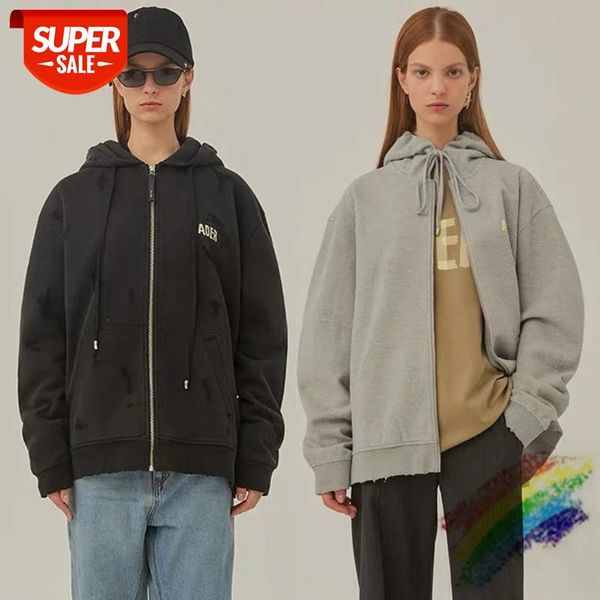 

480g heavy fabric cardigan adererror hoodie men women 1:1 damage distressed zip ader error sweatshirts pullovers #nr9w, Black