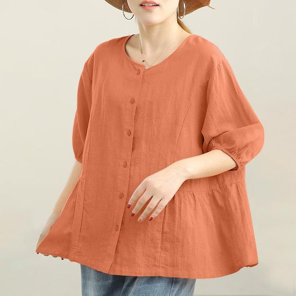 

women's blouses & shirts female o neck short sleeve casual solid blouse summer tunic chemise 2022 cotton linen button oversized, White