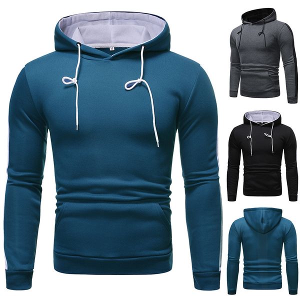 

men sweatshirt streetwear long sleeve hoodie drawstring pocket autumn combined color casual sweatshirt male coat, Black