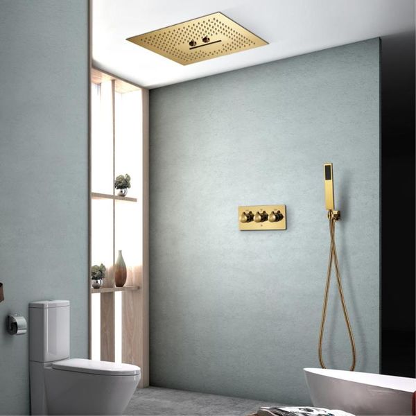 

luxury ti-pvd gold color shower systems rainfall showerheads ceiling mounted bathroom shower cold valve brass
