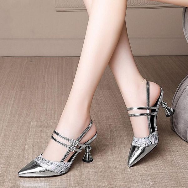 

sandals women 2021 summer shoes woman silver bling wedding pointed toe pumps double buckle dress sandalias 9244c, Black