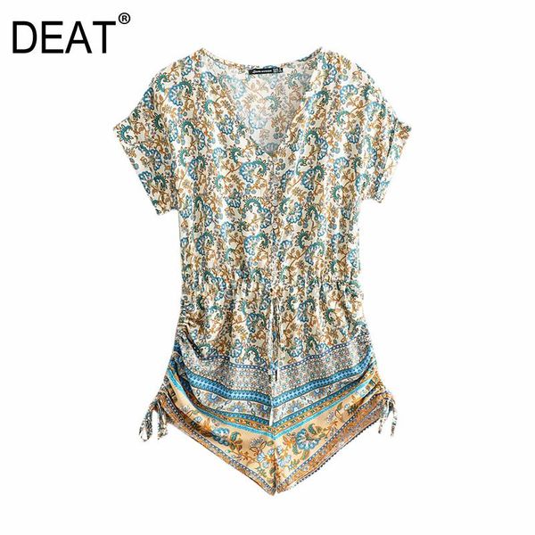 

deat] 2021 summer new fashion tide v-neck short sleeve printing loose temperament elegant women's beach jumpsuit 13w868, Black;white