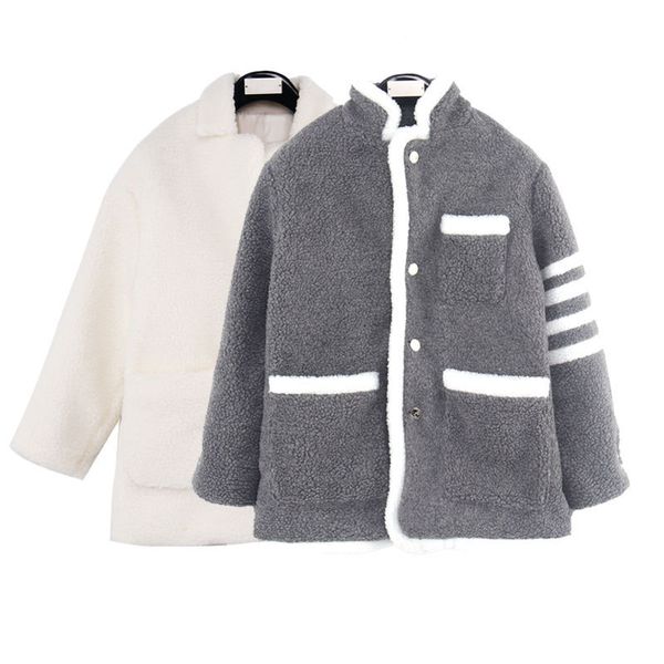 

winter tb four bar thickened warm lamb plush coat korean loose long sleeve pocket sheep sheared top, White