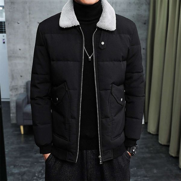 

autumn and winter new men's fashion leisure korean solid color cardigan down jacket with down collar and big pocket coatwinter, Black