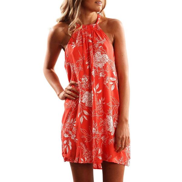 

casual dresses halter neck floral print short dress ladies fashion loose beach sundress women evening party vestido de fest, Black;gray