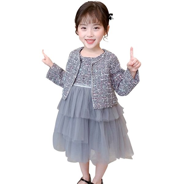 

children clothes plaid pattern girls clothing coat + mesh dress 2pcs costumes for autumn winter tracksuit kids 210528, White