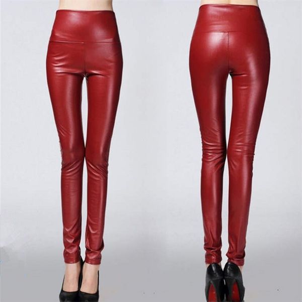 

autumn winter candy colors stretch womens leggings pu leather skinny long pants plus velvet thick high waist c6830, Black