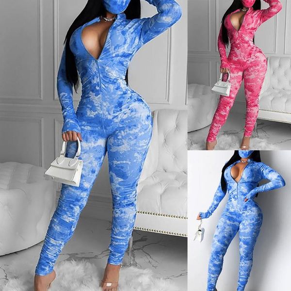 

women's jumpsuits & rompers women zipper tie-dye long sleeves leg bodycon jumpsuit one piece outfit, Black;white