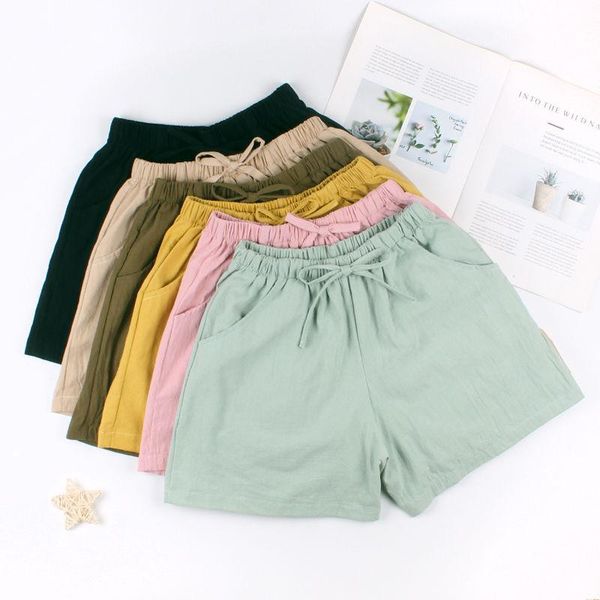 

summer shorts women cotton linen shorts trousers feminino women's elastic wasit home loose casual plus size with pocket, White;black