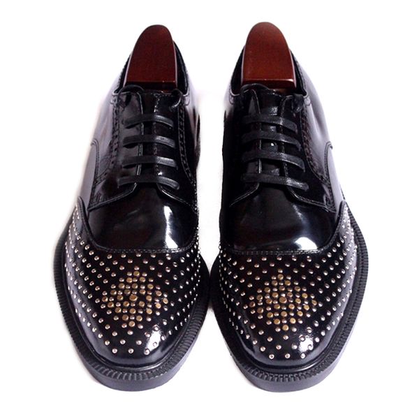 

classic spring autumn derby shoes handmade rivets leather shoes flat heel mens wedding dress shoe fashion oxfords, Black