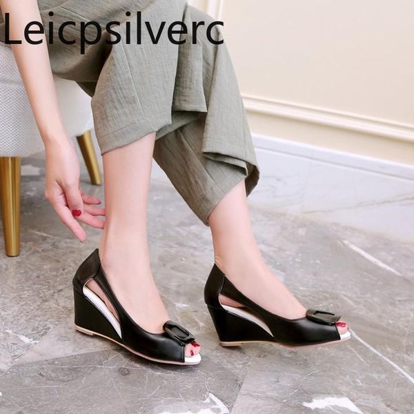 

dress shoes women's sandals summer the fashion fish mouth open toe metal decoration mid heel wedge plus size 32-43, Black