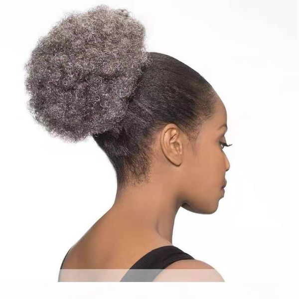 

real hair grey ponytail puff human hair extension salt and pepper women hair ponytaili hairpiece drawstring clip in 80g 100g 120g, Black