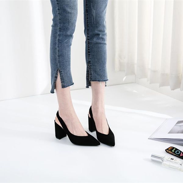 

2021 summer new suede all-match work thick high-heeled sandals female pointed toe baotou banquet dress small size single shoes, Black