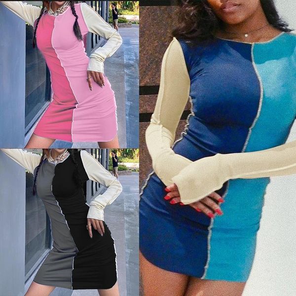 

casual dresses fashion bodycon patchwork mini women long sleeve skinny clubwear autumn color block party dress, Black;gray