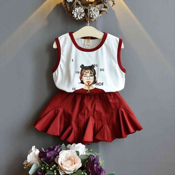 

girl sets summer short sleeve cotton cartoon print t shirt cute skirt kids clothing suit childrens cusal clothes, White