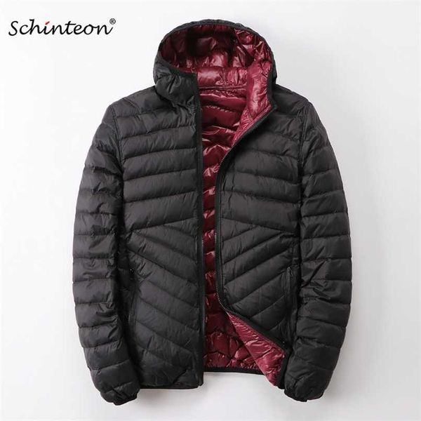 

schinteon men white duck down jacket ultra light thin coat with hood two side wearing outerwear 211129, Black