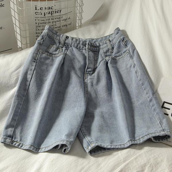 

women's shorts women half summer casual all-match student loose straight daily high waist washed pockets button denim solid short pants, White;black