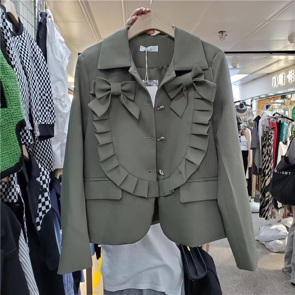 

women's suits & blazers getspring women blazer ruffles bow green black vintage suit coats all match casual elegant coat autumn clothing, White;black