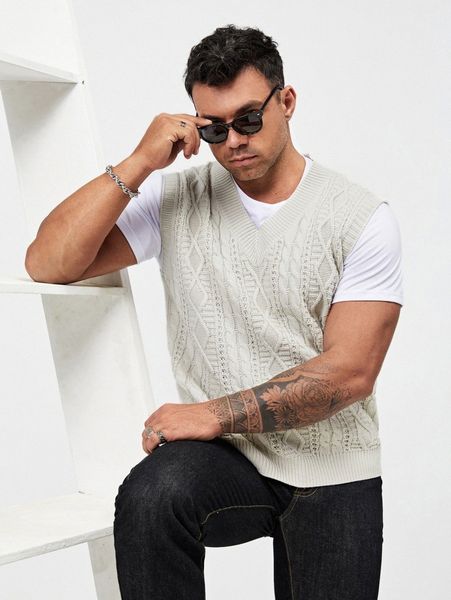 

extended sizes men cable knit sweater vest without tee b1ih#, White;black