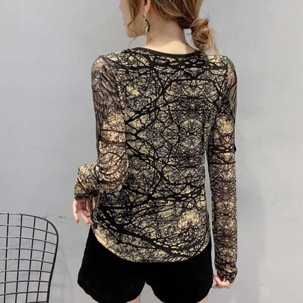 

2021 new spring fall european clothes t-shirt girl fashion print v-neck zipper women long sleeve mesh diamonds tees t0d404a 4del, White
