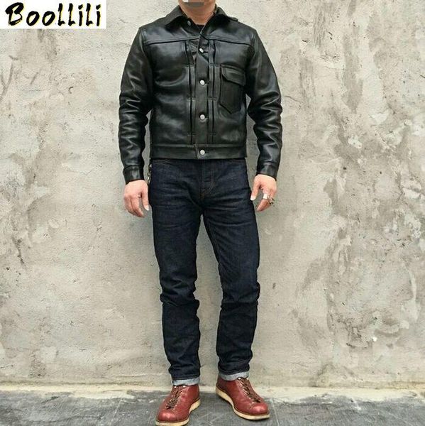 

men's leather & faux boollili genuine jacket spring autumn men horsehide jackets short coat blouson cuir homme, Black