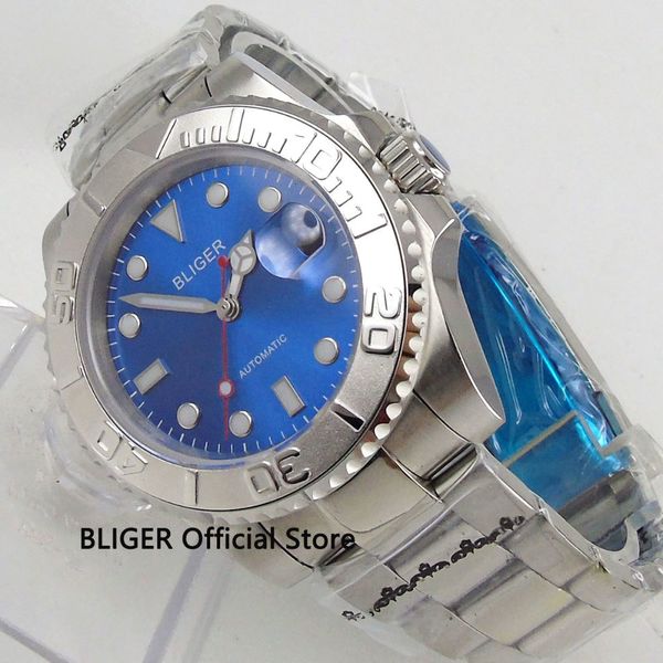 

bliger 40mm blue dial bezel men's watches lightning-turning marks sapphire glass miyota automatic clockwork polar clocks men, Slivery;brown