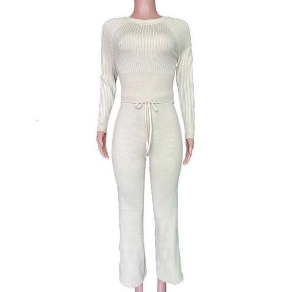 

o neck ribbed knitted two pieces women sets autumn casual long sleeve tshirt and wide leg pant suit solid fitness outfit, Gray