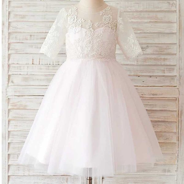 

girl's dresses ball gown knee length flower girl wedding lace half sleeve jewel neck with buttons, Red;yellow