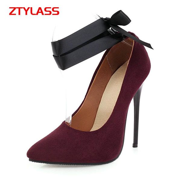 

dress shoes women faux suede summer high heel pumps fashion cross tied thin pointed toe spring lady 34-45, Black
