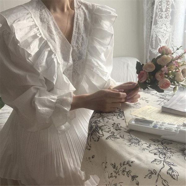 

women's blouses & shirts alien all-match ruffles cute v-neck office lady 2021 all match chic high street loose sweet casual fema, White