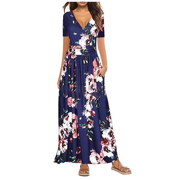 

casual dresses maxi for women summer 2021 v-neck short sleeve floral printed boho dress elegant plus size robe femme long, Black;gray