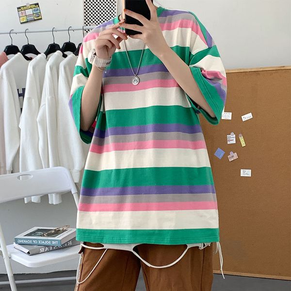 

2021 new summer cotton color striped men's fashion casual o-neck t-shirt men streetwear korean hip-hop short-sleeved tshirt mens 453d, White;black