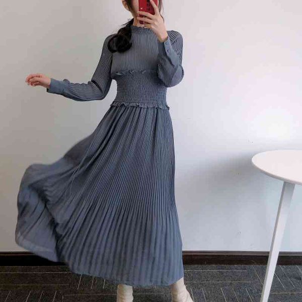 

casual dresses 2022 fshion women robe temperament vintage vestidos solid fungus collar pressure pleated slim waist long dd4n, Black;gray