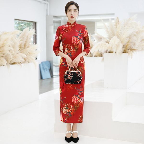 

women elegant chinese mandarin collar cheongsam long satin handmade button prined orientale banquet qipao oversize 5xl, Red
