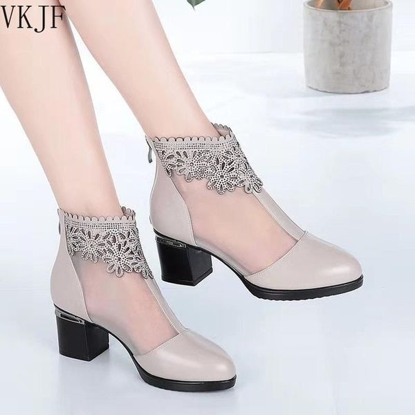 

sandals fashion mesh genuine leather shoes woman high heel 2021 breathable cool boots summer women, Black