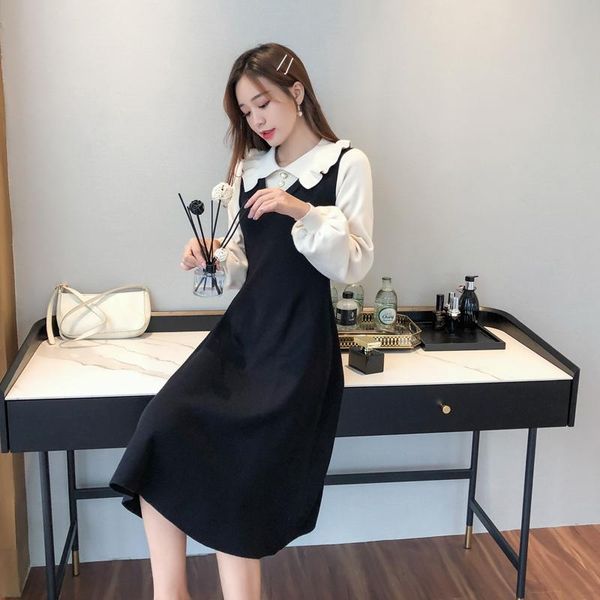

maternity dresses autumn long lantern sleeve turn-down collar knitting dress elegant pregnant women a-line formal pregnancy, White