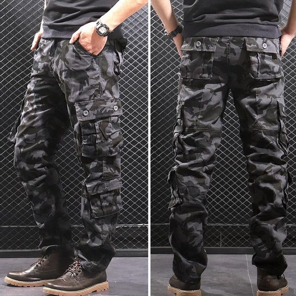 

men's pants spring autumn camouflage military men casual camo cargo trousers cotton multi-pocket urban overalls tactical 29-44, Black