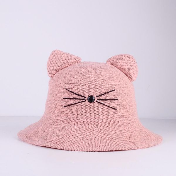 

bucket hat creative handmade cat ear fisherman's cap autumn and winter cute cartoon pink ring yarn basin, Blue;gray