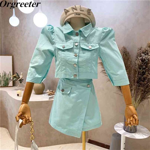 

fashion safari style ensemble femme summer puff sleeve short jacket + high waist irregular skirt 2 piece set women 210602, White