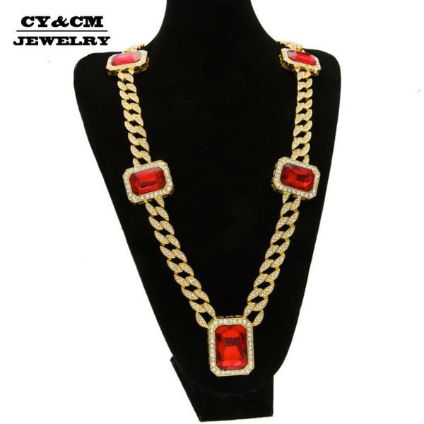 

cy&cm mens gold/silver color iced out cuban link hiphop chain red stone pendant full rhinestone miami bling chain necklace