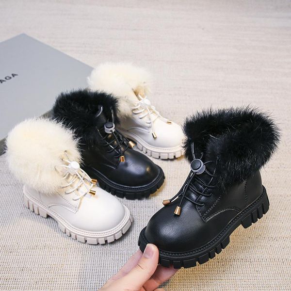 

boots children solid furry for boys girls korean style winter warm kids fashion snow low heel non-slip, Black;grey