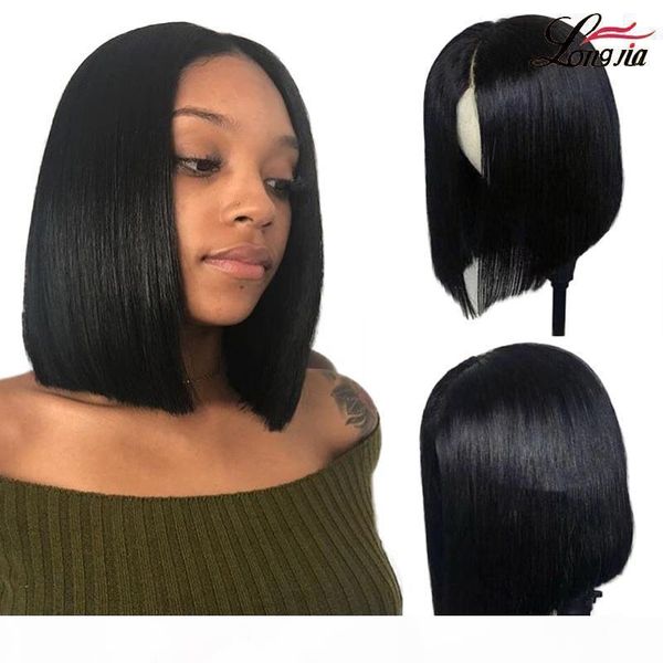 

peruvian straight short bob wigs natural color 4x4 straight lace frontal wig pre plucked straight human hair wigs for woman, Black;brown