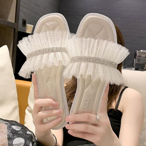 

slippers lucyever summer 2021 home durable rhinestone flat sandals women fold wild beach outdoor foot wear casual slides shoes woman, Black