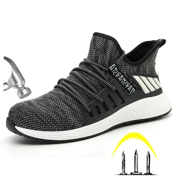 

boots indestructible work safety shoes men steel toe mesh anti slip puncture-proof sneakers breathable protective drop, Black