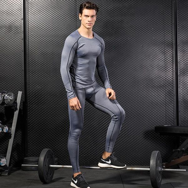 

men's tracksuits lanbaosi men sets long sleeved fitness tights compression elasticity quick dry breathable tactical shirt pants f50, Gray