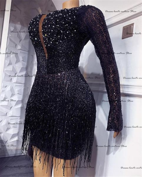 

black cocktail dresses o-neck beading short women dress long sleeve prom party formal occasion gowns, White;black