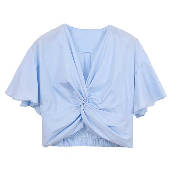 

perhaps u women blue white v neck backless half sleeve flare sleeve short blouse b0172 210529