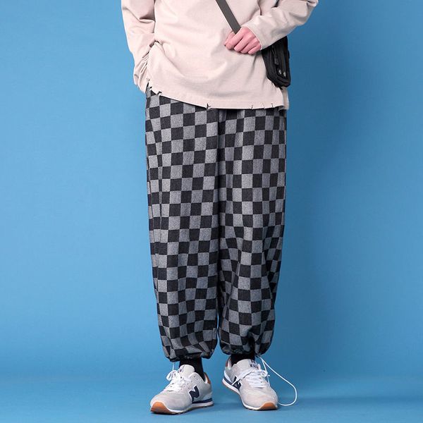 

2021 new korean plaid men's fashion retro casual wide-leg jeans men streetwear loose hip-hop straight denim trousers mens -5xl sd09, Blue