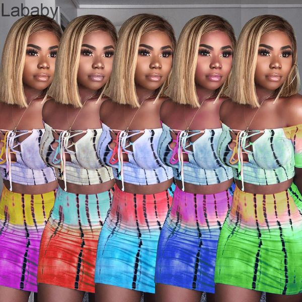 

women tracksuits two pieces set designer 2021 new fashion printed tie dye off shoulder slim short sleeve skirt set, Gray
